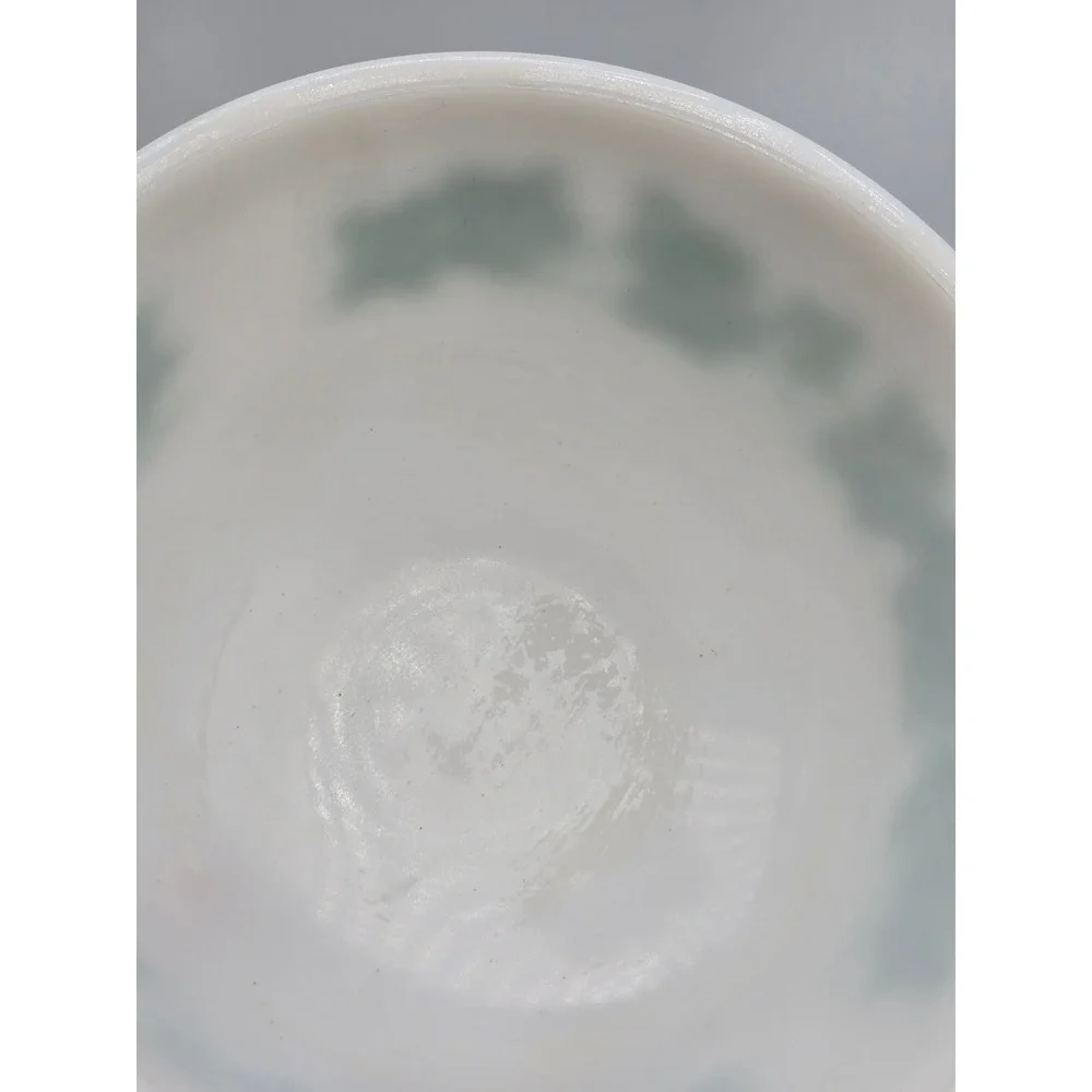 Vintage Hazel Atlas Milk Glass Ivy Leaf Mixing Bowl Green White 8 Inch MCM